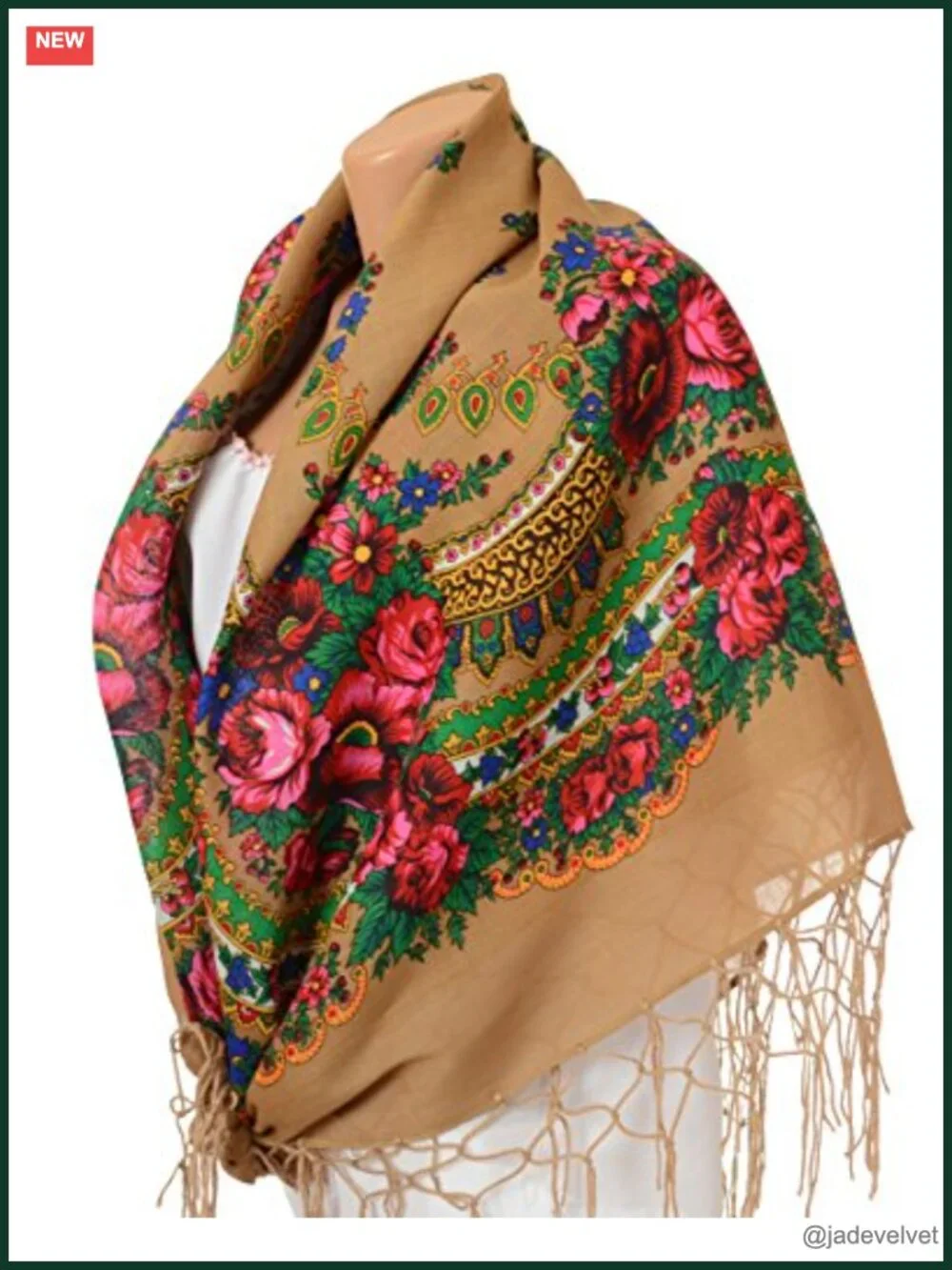 Traditional Ukrainian Polish Floral Fringed Scarf Wrap Shawl